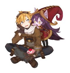 Rule 34 | 1boy, 1girl, belt, blonde hair, blue eyes, blush, boots, cup, dress, ezreal, gloves, gwayo, hat, league of legends, long hair, long sleeves, lulu (league of legends), open mouth, pants, purple hair, red dress, short hair, simple background, smile, white background, yellow eyes