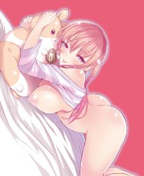 Rule 34 | 1girl, ass, bare shoulders, bed sheet, bottomless, breasts, enshin, hair ornament, hug, large breasts, long hair, lying, nipples, off shoulder, on stomach, one side up, original, pink background, pink hair, puffy nipples, simple background, smile, solo, stuffed animal, stuffed toy, yuuki shin