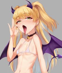 Rule 34 | 1girl, bell, bikini, blonde hair, blush, breasts, collar, demon horns, demon tail, demon wings, ear piercing, earrings, fellatio gesture, front-tie top, green eyes, half-closed eyes, highres, horns, idolmaster, idolmaster cinderella girls, jewelry, jingle bell, jougasaki rika, long hair, looking at viewer, micro bikini, naughty face, navel, neck bell, nipples, ok sign, open mouth, piercing, risenegi, saliva, see-through swimsuit, sexually suggestive, simple background, small breasts, solo, star (symbol), star earrings, stud earrings, sweat, swimsuit, tail, tongue, tongue out, two side up, upper body, wings