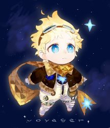 Rule 34 | 1boy, bad id, bad twitter id, blonde hair, blue eyes, blush, bright pupils, character name, chibi, english text, fate/grand order, fate (series), full body, glowing, long sleeves, male focus, open hands, parted bangs, scarf, simple background, sky, solo, space, spacesuit, star (sky), star (symbol), starry background, starry sky, tetsu (teppei), voyager (fate), voyager (third ascension) (fate), yellow scarf