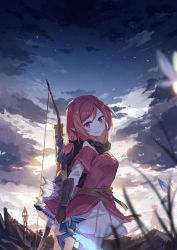 Rule 34 | 1girl, alpaca, alternate costume, arrow (projectile), asuka (louyun), blush, bow (weapon), bug, butterfly, commentary, cowboy shot, dress, glowing, glowing sword, glowing weapon, holding, holding sword, holding weapon, insect, long sleeves, looking at viewer, love live!, love live! school idol project, master sword, nintendo, nishikino maki, outdoors, pointy ears, red eyes, red hair, sky, smile, solo, standing, star (sky), starry sky, sunrise, swept bangs, sword, the legend of zelda, weapon, weapon on back