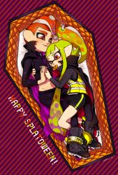 Rule 34 | agent 3 (splatoon), agent 8 (splatoon), arm around waist, bike shorts, black cape, black footwear, black pants, black shirt, black shorts, blunt bangs, cape, coffin, commentary, cookie, dated, diagonal stripes, english text, fang, food, food in mouth, gradient hair, green hair, hand on another&#039;s head, hetero, holding hands, inkling, inkling (language), inkling girl, inkling player character, interlocked fingers, jack-o&#039;-lantern print, long hair, long sleeves, looking at another, lying, matching outfits, midriff, mohawk, mouth hold, multicolored hair, navel, nintendo, octoling, octoling boy, octoling player character, on side, one eye closed, pants, parted lips, pointy ears, purple cape, red cape, red eyes, red hair, shirt, shoes, shorts, single vertical stripe, smile, splatoon (series), splatoon 1, splatoon 2, splatoon 2: octo expansion, squidbeak splatoon, striped, striped background, suction cups, symbol-only commentary, tentacle hair, two-sided cape, two-sided fabric, very long hair, vest, yellow footwear, yellow vest, yeneny, zipper