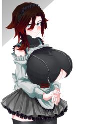 Rule 34 | 1girl, absurdres, blush, breasts, cleavage cutout, clothing cutout, gradient hair, highres, huge breasts, looking at viewer, maid, maid headdress, multicolored hair, odakubara, red hair, ruby rose, rwby, silver hair, skirt, solo, thighhighs, white background