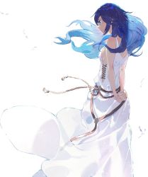 Rule 34 | 1girl, aisutabetao, bare shoulders, belt, blue eyes, blue hair, brown belt, closed mouth, dress, falling feathers, feathers, fire emblem, fire emblem awakening, fire emblem heroes, floating hair, from behind, highres, long hair, looking away, lucina (fire emblem), lucina (valentine) (fire emblem), nintendo, official alternate costume, own hands together, profile, simple background, sleeveless, sleeveless dress, solo, white background, white dress
