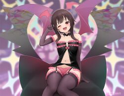 Rule 34 | 1girl, ;d, arm support, bare shoulders, black choker, black gloves, black hair, black thighhighs, blush, choker, commentary request, demon wings, elbow gloves, feet out of frame, flat chest, frilled thighhighs, frills, garter belt, gloves, hand up, head tilt, head wings, jampen, kono subarashii sekai ni shukufuku wo!, looking at viewer, megumin, navel, o-ring, one eye closed, open mouth, panties, pink panties, pink wings, red eyes, short hair with long locks, sidelocks, sitting, smile, solo, teeth, thighhighs, underwear, upper teeth only, wings