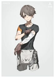 Rule 34 | 1boy, black shirt, brown gloves, brown hair, character name, commentary, cropped legs, gloves, grey background, grey eyes, grey pants, highres, jewelry, kanata (synduality), looking at viewer, male focus, necklace, neco, pants, shirt, short hair, simple background, solo, synduality, t-shirt