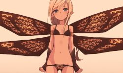 Rule 34 | 1girl, animal print, arm warmers, armlet, arms at sides, bad id, bad pixiv id, bikini, blonde hair, blue eyes, bullfalk, cowboy shot, expressionless, fairy, flat chest, insect wings, leopard print, long hair, looking at viewer, lowleg, lowleg bikini, monster girl, navel, original, pointy ears, sepia, simple background, solo, standing, swept bangs, swimsuit, wings