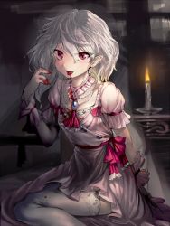 Rule 34 | 1girl, adapted costume, alternate costume, ascot, blood, blood in mouth, blood on clothes, blood on face, blood on hands, brooch, candle, fang, geppewi, jewelry, looking at viewer, no headwear, no headwear, open mouth, pointy ears, red eyes, remilia scarlet, sitting, slit pupils, solo, thighhighs, touhou, white hair, white thighhighs, wrist cuffs