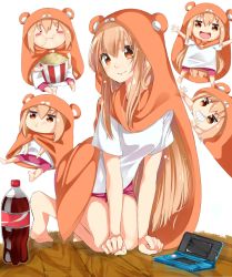 Rule 34 | 10s, 1girl, :d, all fours, animal costume, bare legs, barefoot, blonde hair, blush, blush stickers, bottle, brown eyes, chibi, doma umaru, dual persona, eating, hamster costume, handheld game console, himouto! umaru-chan, hood, komaru (himouto! umaru-chan), long hair, looking at viewer, md5 mismatch, multiple views, nintendo 3ds, open mouth, simple background, smile, soda bottle, yuutarou (fukiiincho)