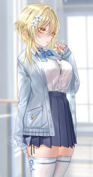Rule 34 | 1girl, absurdres, black bra, blonde hair, blue jacket, blue skirt, blurry, blurry background, blush, bra, breasts, commentary request, cowboy shot, flower, genshin impact, hair between eyes, hair ornament, hand in own hair, highres, jacket, long sleeves, lumine (genshin impact), motion lines, open clothes, open jacket, open mouth, panties, pleated skirt, pottsness, school uniform, shirt, short hair, short hair with long locks, side-tie panties, skirt, solo, standing, underwear, white shirt, yellow eyes
