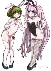 Rule 34 | 2girls, absurdres, aldharoku, alternate costume, animal ears, bare shoulders, black footwear, black leotard, blunt bangs, blush, bow, bowtie, breasts, collarbone, covered navel, danganronpa (series), danganronpa another episode: ultra despair girls, detached collar, fake animal ears, female focus, fishnet thighhighs, fishnets, full body, green eyes, green hair, groin, hairband, high heels, highres, leaning forward, leotard, long hair, multiple girls, pink eyes, pink hair, playboy bunny, rabbit ears, rabbit tail, red bow, red bowtie, red hairband, shoes, short hair, simple background, small breasts, smile, standing, tail, thigh strap, thighhighs, towa monaca, utsugi kotoko, v, white background, white leotard, wrist cuffs