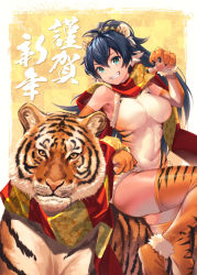 Rule 34 | 1girl, :d, animal, animal ears, animal print, antenna hair, aqua eyes, armpits, bare shoulders, black hair, boots, border, breasts, chinese zodiac, claws, covered navel, elbow gloves, fur-trimmed leotard, fur trim, ganaha hibiki, gloves, grin, highres, idolmaster, idolmaster (classic), impossible clothes, impossible leotard, kemonomimi mode, large breasts, leg up, leotard, long hair, looking at viewer, mikel (4hands), open mouth, orange footwear, orange gloves, outside border, parted lips, ponytail, print footwear, red scarf, scarf, skindentation, smile, solo, teeth, thigh boots, thighhighs, thighs, tiger, tiger ears, tiger print, translation request, white border, year of the tiger, yellow background