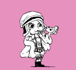 Rule 34 | 1girl, :t, arm at side, bare shoulders, blacknirrow, breasts, cheese trail, chewing, chibi, closed mouth, coat, crop top, eating, female focus, food, full body, fur (clothing), fur coat, fur hat, hand up, hat, holding, holding food, jewelry bonney, leg warmers, legs together, medium breasts, midriff, monochrome, off shoulder, one piece, pink background, pizza, pizza slice, shirt, shoes, short shorts, shorts, simple background, sketch, sleeveless, sleeveless shirt, sleeves past fingers, sleeves past wrists, solo, standing, striped clothes, striped shorts, suspenders, ushanka, v-shaped eyebrows, wide sleeves