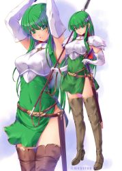 Rule 34 | 1girl, armor, arms up, boots, breastplate, brown footwear, closed mouth, covered navel, dress, elbow gloves, fire emblem, fire emblem: mystery of the emblem, full body, gloves, green dress, green eyes, green hair, hair between eyes, hand on hilt, highres, holding, holding polearm, holding weapon, kirishima satoshi, long hair, looking at viewer, nintendo, open mouth, palla (fire emblem), polearm, sheath, sheathed, short dress, shoulder armor, side slit, sleeveless, sleeveless dress, smile, solo, standing, straight hair, sword, thigh boots, twitter username, very long hair, weapon, white background, white gloves