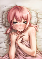 Rule 34 | 1boy, androgynous, bad id, bad pixiv id, bare shoulders, bed, bed sheet, blue eyes, blush, inazuma eleven (series), inazuma eleven go, kirino ranmaru, lying, male focus, naked sheet, on back, pink hair, sgk, topless male, smile, solo, trap, twintails, upper body