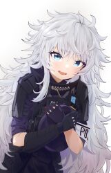 Rule 34 | 1girl, arm guards, armband, armor, black gloves, blue eyes, clothes writing, crossed arms, fang, gloves, goddess of victory: nikke, hat, highres, holding, holding clothes, holding hat, light blush, long hair, looking at viewer, morotake, open mouth, bulletproof vest, poli (nikke), police, police hat, police uniform, policewoman, short sleeves, shoulder armor, shoulder guard, sidelocks, simple background, solo, uniform, unworn hat, unworn headwear, upper body, very long hair, wavy hair, white background, white hair
