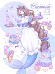 Rule 34 | 1girl, apron, ari (oonmnmooo), blue background, blush stickers, bow, bracelet, braid, brown hair, cake, collarbone, commentary, cookie, cup, cupcake, detached collar, doughnut, dress, drinking glass, earrings, english text, fish, food, food art, full body, hair bow, highres, holding, holding tray, ice cream, ice cream cone, jewelry, lace trim, layer cake, long hair, macaron, maid, maid headdress, mermaid, milkshake, monster girl, off-shoulder dress, off shoulder, original, pearl bracelet, pearl earrings, popsicle, puffer fish, puffy short sleeves, puffy sleeves, purple bow, purple dress, purple eyes, seashell, shell, short sleeves, single braid, smile, soft serve, solo, star (symbol), starfish, striped, striped background, swept bangs, symbol-only commentary, tray, very long hair, waist apron, white apron, white background