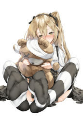 Rule 34 | 10s, 1girl, bandages, blush, boko (girls und panzer), brown eyes, brown hair, feet, foot focus, girls und panzer, hairband, ion (cation), long hair, long sleeves, looking at viewer, no shoes, ribbon, shimada arisu, side ponytail, simple background, soles, solo, striped clothes, striped thighhighs, stuffed animal, stuffed toy, teddy bear, thighhighs, white background