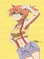 Rule 34 | armpits, asymmetrical hair, blue eyes, blush, breasts, creatures (company), game freak, gen 1 pokemon, holding, holding poke ball, looking at viewer, medium breasts, midriff, misty (pokemon), navel, nintendo, open mouth, orange hair, poke ball, pokemon, pokemon (anime), pokemon (classic anime), ponytail, shirt, short hair, shorts, side ponytail, sleeveless, sleeveless shirt, smile, solo, suspenders, thighs