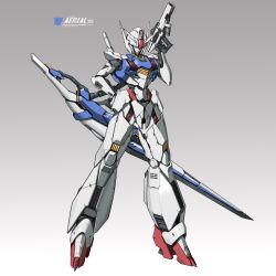 Rule 34 | absurdres, beam rifle, blue eyes, character name, copyright name, ctpt9r, energy gun, english text, full body, gradient background, grey background, gun, gundam, gundam aerial, gundam suisei no majo, hand on own hip, highres, holding, holding gun, holding weapon, mecha, mobile suit, no humans, redesign, robot, science fiction, solo, standing, v-fin, weapon