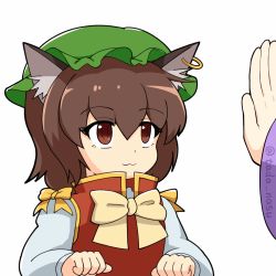 Rule 34 | 1girl, :&gt;, :3, :d, ^ ^, animal ear fluff, animal ears, arm up, blinking, blush, bow, bowtie, brown eyes, brown hair, cat ears, chen, closed eyes, earrings, green hat, hair between eyes, hat, jewelry, long sleeves, mob cap, open mouth, palms together, reaching, reaching towards viewer, red vest, shirt, short hair, simple background, smile, solo focus, tada no nasu, touhou, translation request, upper body, vest, white background, white shirt, wide sleeves, yakumo ran, yellow bow, yellow neckwear
