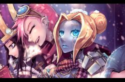 Rule 34 | beancurd, blonde hair, blue eyes, brown hair, caitlyn (league of legends), coat, goggles, goggles on head, hat, highres, jinx (league of legends), league of legends, long hair, multiple girls, notebook, open mouth, orianna (league of legends), pink hair, scarf, smile, snow, vi (league of legends)