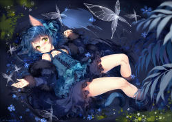 Rule 34 | 1boy, ahoge, animal ears, bare legs, bare shoulders, black hair, blue dress, blue hair, blush, bow, bug, butterfly, buttons, cat ears, cat tail, choker, collarbone, commission, dress, feet out of frame, floating, floating object, flower, frilled dress, frills, fur trim, green eyes, hair bow, hair ornament, hieihirai, insect, long sleeves, looking at viewer, lying, moon, moonlight, night, on back, open mouth, outdoors, partially submerged, plant, reflecting pool, reflection, ryoune yami, short hair, tail, trap, utau, water