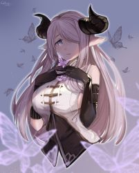 Rule 34 | 1girl, blue eyes, breast suppress, bug, butterfly, cropped torso, draph, gradient background, granblue fantasy, hair over one eye, head tilt, highres, horns, insect, light purple hair, long hair, looking at viewer, narmaya (granblue fantasy), outline, own hands together, parted lips, signature, solo, white outline, yukari lauruant