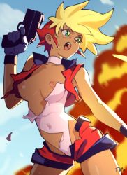 Rule 34 | 1girl, backlighting, blonde hair, breasts, choker, commentary, covered navel, dark-skinned female, dark nipples, dark skin, dirty pair, dirty pair flash, dyed bangs, english commentary, explosion, finger on trigger, gloves, green eyes, gun, handgun, holding, holding gun, holding weapon, kei (dirty pair flash), leotard, medium breasts, multicolored hair, nipples, no bra, open mouth, optionaltypo, pistol, red hair, short hair, short shorts, shorts, shouting, sidelocks, sleeveless, solo, torn clothes, torn leotard, two-tone hair, vest, wardrobe malfunction, weapon, white choker, white leotard