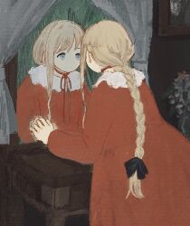 Rule 34 | 1girl, black bow, blonde hair, blue eyes, bow, braid, braided ponytail, capelet, chisato charme, choker, closed mouth, curtains, dress, expressionless, from behind, hair bow, hand on mirror, highres, indoors, leaning forward, long hair, long sleeves, looking at self, mirror, original, red dress, red ribbon, reflection, ribbon, ribbon choker, sidelocks, solo, table, white capelet
