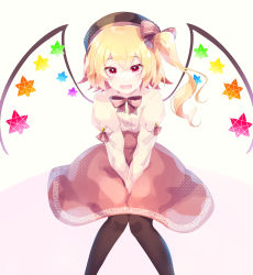 Rule 34 | 1girl, absurdres, alternate costume, beret, between legs, black hat, black pantyhose, blonde hair, bow, bowtie, brown bow, brown bowtie, brown skirt, center frills, commentary, feet out of frame, flandre scarlet, frills, hair bow, hand between legs, hat, highres, lace-trimmed bow, lace trim, long hair, long sleeves, looking at viewer, one-hour drawing challenge, one side up, open mouth, pantyhose, raised eyebrows, red eyes, shinketsu kanyu, shirt, skirt, small stellated dodecahedron, solo, teeth, touhou, upper teeth only, white background, white shirt, wings