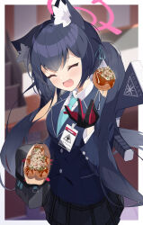 Rule 34 | 1girl, ^ ^, absurdres, animal ears, applepie 1201, black hair, blue archive, blue jacket, blue necktie, cat ears, checkered clothes, checkered skirt, closed eyes, fang, food, grey skirt, halo, highres, jacket, long hair, looking at viewer, necktie, open mouth, serika (blue archive), shirt, skin fang, skirt, solo, takoyaki, twintails, white background, white shirt