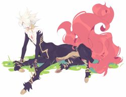 Rule 34 | 10r (tulipano), 1boy, arm support, bad id, bad twitter id, bishounen, blue eyes, centaur, collar, earrings, fate/apocrypha, fate (series), gem, grass, hair over one eye, jewelry, karna (fate), male focus, monster boy, monsterification, simple background, solo, spiked hair, taur, white background, white hair