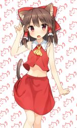 Rule 34 | 1girl, animal ears, ascot, bad id, bad twitter id, brown hair, cat ears, cat tail, hair ornament, hair ribbon, hair tubes, hakurei reimu, highres, japanese clothes, kemonomimi mode, looking at viewer, midriff, miko, navel, open mouth, red eyes, ribbon, shirt, shnva, short hair, simple background, skirt, skirt set, sleeveless, solo, tail, touhou, vest