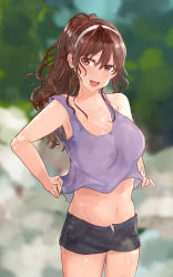 Rule 34 | 1girl, absurdres, ashigara (kancolle), black shorts, blush, breasts, brown eyes, brown hair, casual, cleavage, clothes lift, collarbone, fangs, headband, highres, kantai collection, large breasts, long hair, looking at viewer, messy hair, miyako (rgrayt), navel, no bra, open mouth, outdoors, pink tank top, ponytail, shirt lift, shorts, solo, standing, tank top, wet, wet clothes, white headband
