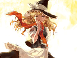 Rule 34 | 1girl, apron, black hat, black skirt, black vest, blonde hair, blood, blood on face, borrowed clothes, bow, braid, burnt clothes, dress, frilled apron, frills, hat, hat bow, hat ribbon, holding, injury, kirisame marisa, kyuu umi, long hair, looking at viewer, orange eyes, puffy short sleeves, puffy sleeves, ribbon, scratches, shirt, short sleeves, skirt, skirt set, solo, touhou, upper body, vest, waist apron, white shirt, witch hat, yellow background