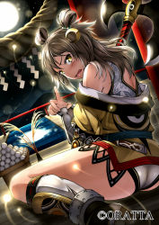 Rule 34 | 1girl, ass, axe, blush, boots, brown eyes, company name, crescent, crescent hair ornament, decchi oyabun, dutch angle, fang, fireflies, from behind, full moon, hair ornament, head tilt, holding, japanese clothes, kagami mochi, lens flare, long hair, looking back, momohime ryouran! sengoku asuka, moon, night, off shoulder, open mouth, railing, rope, shimenawa, sitting, solo, tokkuri, wariza, watermark, weapon, wooden floor