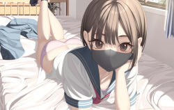 Rule 34 | 1girl, ass, bed, black footwear, blue sailor collar, blue skirt, brown eyes, brown hair, commentary request, curtains, eyes visible through hair, feet out of frame, feet up, hand on own chin, indoors, looking at viewer, lying, mask, mottsun (i 40y), mouth mask, necktie, no pants, on bed, on stomach, original, paid reward available, panties, pink panties, pleated skirt, polka dot, polka dot panties, red necktie, sailor collar, school uniform, serafuku, shirt, short hair, short sleeves, skirt, unworn skirt, sleeve cuffs, socks, solo, the pose, underwear, white shirt, window