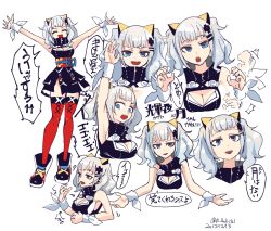 Rule 34 | 1girl, :d, ^ ^, blue eyes, breasts, cleavage, closed eyes, dress, kaguya luna, looking at viewer, mado (mukade tou), multiple views, open mouth, red thighhighs, silver hair, sleeveless, sleeveless dress, smile, teeth, the moon studio, thighhighs, twintails, virtual youtuber