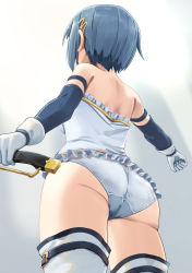 Rule 34 | 1girl, armlet, ass, bare shoulders, blue gloves, blue hair, blue shirt, boots, chicken (chickenx), cowboy shot, crotch seam, elbow gloves, frilled shirt, frills, from behind, gloves, hair ornament, hairclip, highres, holding, holding sword, holding weapon, magical girl, mahou shoujo madoka magica, mahou shoujo madoka magica (anime), miki sayaka, no pants, panties, shirt, short hair, solo, standing, sword, thigh boots, thigh strap, thighhighs, underwear, weapon, white footwear, white gloves, white panties