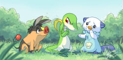 Rule 34 | brown eyes, closed mouth, creatures (company), crossed arms, dated, freckles, frown, game freak, gen 5 pokemon, grass, nintendo, no humans, nooby-banana, oshawott, pokemon, pokemon (creature), seashell, shell, signature, smile, snivy, standing, tepig