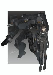 Rule 34 | 1girl, absurdres, artist name, assault visor, black bodysuit, black gloves, bodysuit, border, breasts, brown eyes, cleavage, cleavage cutout, clothing cutout, dual wielding, full body, gloves, grey border, gun, hair behind ear, highres, holding, holding gun, holding weapon, looking at viewer, mecha, medium breasts, original, outside border, parted lips, robot, science fiction, short hair, smile, sonech, weapon, white border