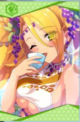 Rule 34 | 1girl, artist request, blonde hair, blush, body jewelry, breasts, cup, drinking glass, earrings, food-themed hair ornament, framed image, grape hair ornament, green eyes, hair ornament, holding, holding cup, holding drinking glass, jaguar print, jewelry, mole, mole under eye, necklace, official art, one-piece swimsuit, one eye closed, open mouth, phantom of the kill, swimsuit, thyrsos, twintails, underboob, white one-piece swimsuit