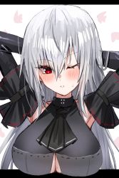 Rule 34 | 1girl, arknights, armpits, arms behind back, arms up, ascot, black ascot, blush, breast rest, breasts, cleavage, detached sleeves, grey hair, hair between eyes, highres, horn/wood, large breasts, long hair, looking at viewer, parted lips, red eyes, simple background, skadi (arknights), solo, upper body, very long hair, white background