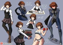 Rule 34 | 1girl, abs, biker clothes, blood, blood on face, book, boots, braid, brown hair, cellphone, confused, dumbbell, english text, high heel boots, high heels, highres, kinkymation, mask, niijima makoto, panties, pantyhose, pencil case, persona, persona 5, phone, red eyes, scarf, school uniform, smartphone, sports bra, underwear