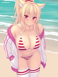 Rule 34 | 1girl, animal ear fluff, animal ears, bare shoulders, beach, bikini, blonde hair, breasts, cat ears, cat girl, cat tail, cleavage, cowboy shot, fang, from above, gluteal fold, highres, jacket, large breasts, leaning forward, looking at viewer, navel, nottytiffy, open clothes, open jacket, original, patreon username, ponytail, red eyes, slit pupils, smile, solo, striped bikini, striped clothes, swimsuit, tail, thigh gap, thighhighs, thighs, tiffy (nottytiffy)