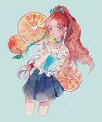 Rule 34 | 1girl, blue background, blue choker, blue eyes, blue ribbon, blue shirt, blue skirt, bow, chinese commentary, choker, collarbone, colored eyelashes, commentary request, cowboy shot, earrings, food, fruit, hair ribbon, high ponytail, highres, holding, holding food, holding fruit, jacket, jewelry, lemon, lemon slice, light blush, long hair, long sleeves, looking at viewer, miniskirt, open clothes, open jacket, open mouth, orange (fruit), orange print, orange slice, original, pleated skirt, puffy long sleeves, puffy sleeves, red hair, ribbon, shirt, simple background, skirt, smile, solo, striped clothes, striped skirt, vertical-striped clothes, vertical-striped skirt, waist bow, white bow, white jacket, white sleeves, yanmian (printemps-noir)