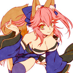 Rule 34 | 10s, 1girl, :3, animal ears, arm support, armpits, bare shoulders, blue detached sleeves, blue ribbon, blue thighhighs, breasts, choker, cleavage, detached sleeves, fate/extra, fate (series), female focus, fox ears, fox tail, green eyes, hair ribbon, holding, holding own hair, japanese clothes, large breasts, long hair, looking at viewer, pelvic curtain, pink hair, ribbon, sash, short hair, simple background, smile, solo, strapless, tail, tamamo (fate), tamamo no mae (fate/extra), thighhighs, type-moon, white background, wide sleeves