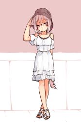 Rule 34 | 1girl, akasha (syakoba), animal ears, bare shoulders, closed mouth, crossed ankles, dress, expressionless, facepaint, full body, grey hair, hand on headwear, hat, highres, layered dress, original, pink background, sandals, shako (syakoba3), simple background, solo, tail, two-tone background, white background, white dress, wolf ears, wolf tail
