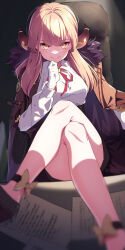 Rule 34 | 1girl, absurdres, aru (blue archive), black skirt, blue archive, bow, brown coat, chair, coat, crossed legs, gloves, halo, hand on own chin, highres, horns, long hair, long sleeves, looking at viewer, noyk iv, office chair, open clothes, open coat, pink eyes, pink hair, red bow, school uniform, shirt, sitting, skirt, solo, swivel chair, thighs, white gloves, white shirt